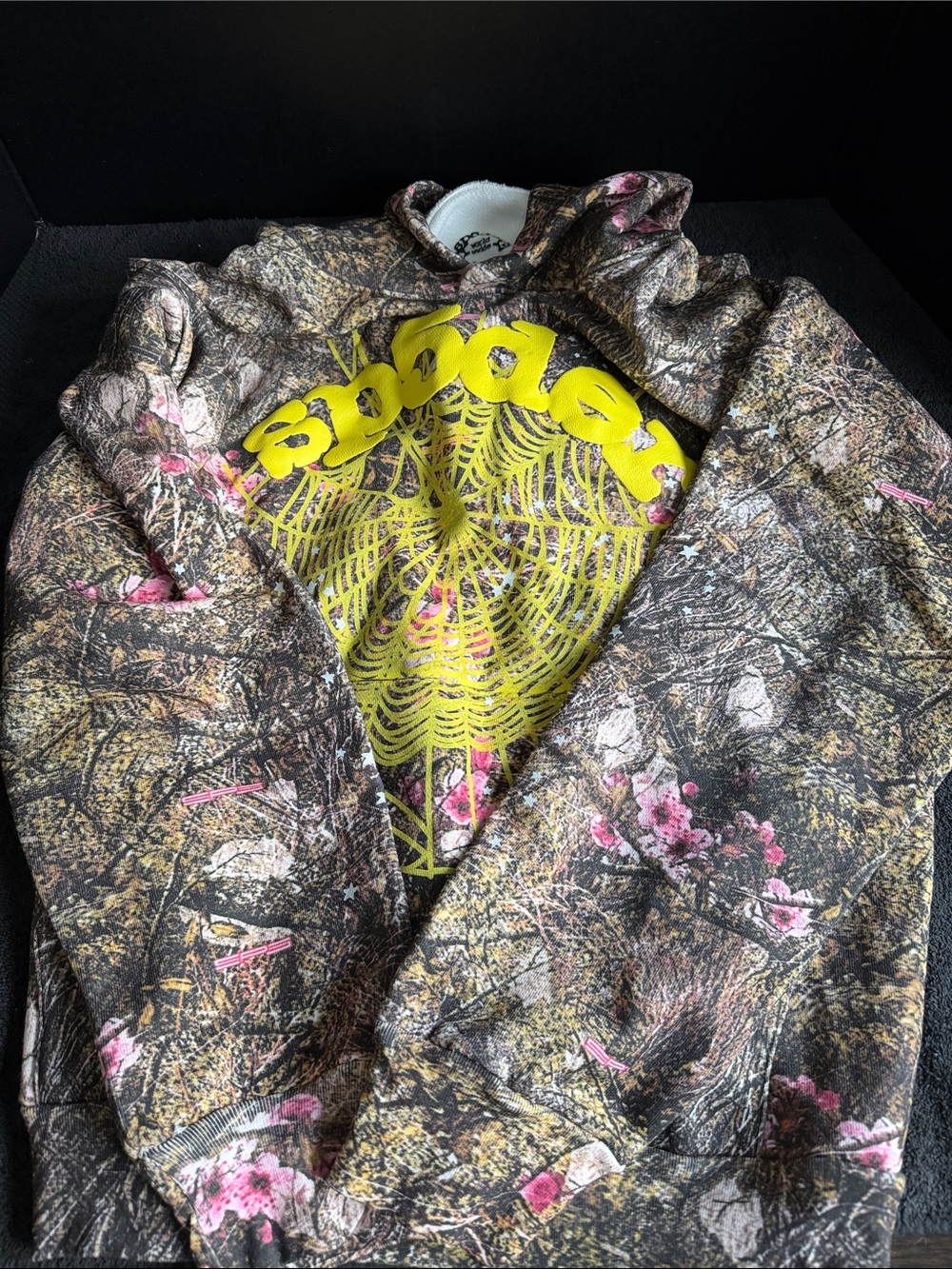 Yellow Spiderweb Graphic Hoodie with Pink Floral Camo